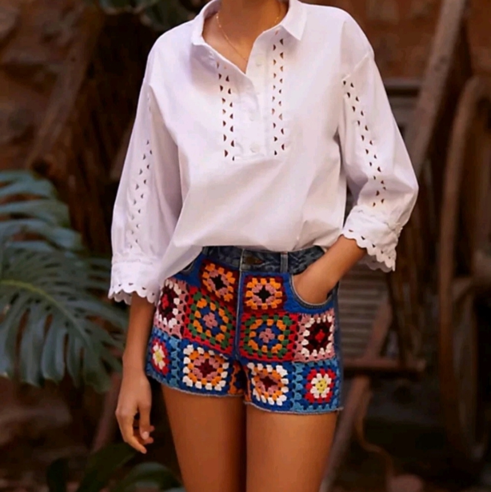 Farm Rio x Anthro Quilted Jean Shorts